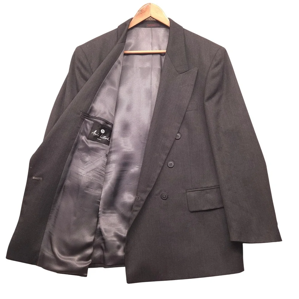 VTG Andre Villard‎ Mens 40R Gray Double Breasted Peak Lapel Wool Blazer Jacket